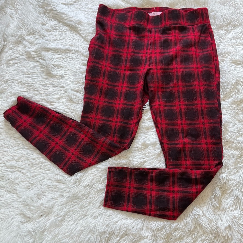 LOFT Red Plaid Stretch Ankle Pants Red and Black